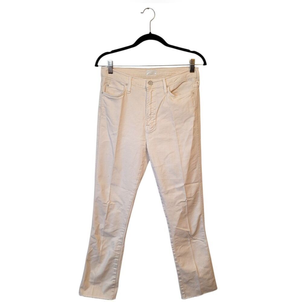 MOTHER High Waisted Rascal Ankle Fray Chalk It Up Cream Straight-Leg Jeans SZ 29